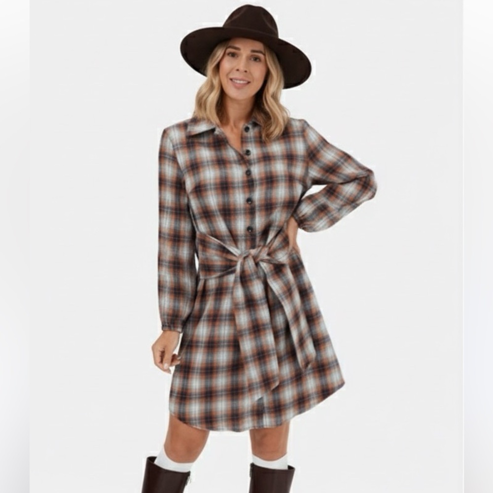 NEW Halara Brown Plaid Tie Front Mini Shirt Dress M